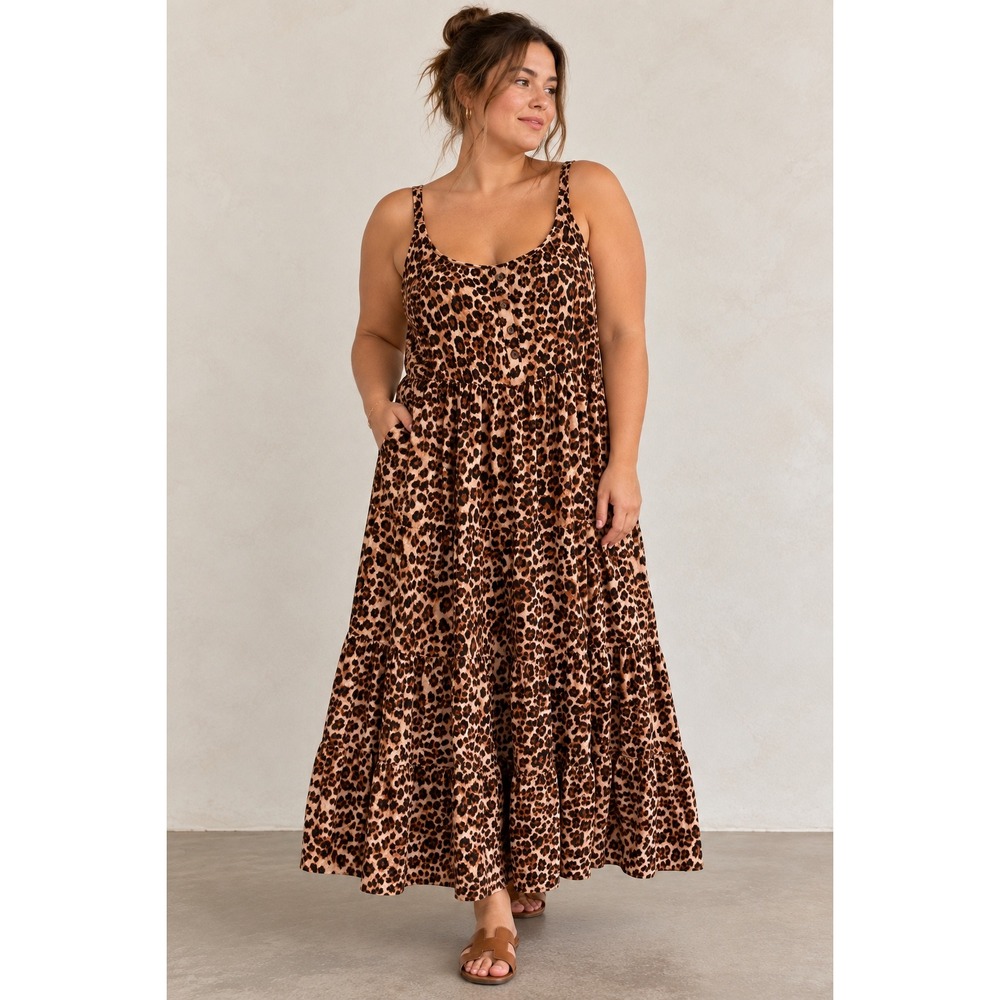 Torrid Maxi Seersucker Tiered Dress Fifties Leopard Print Brown NWT 3X 22-24